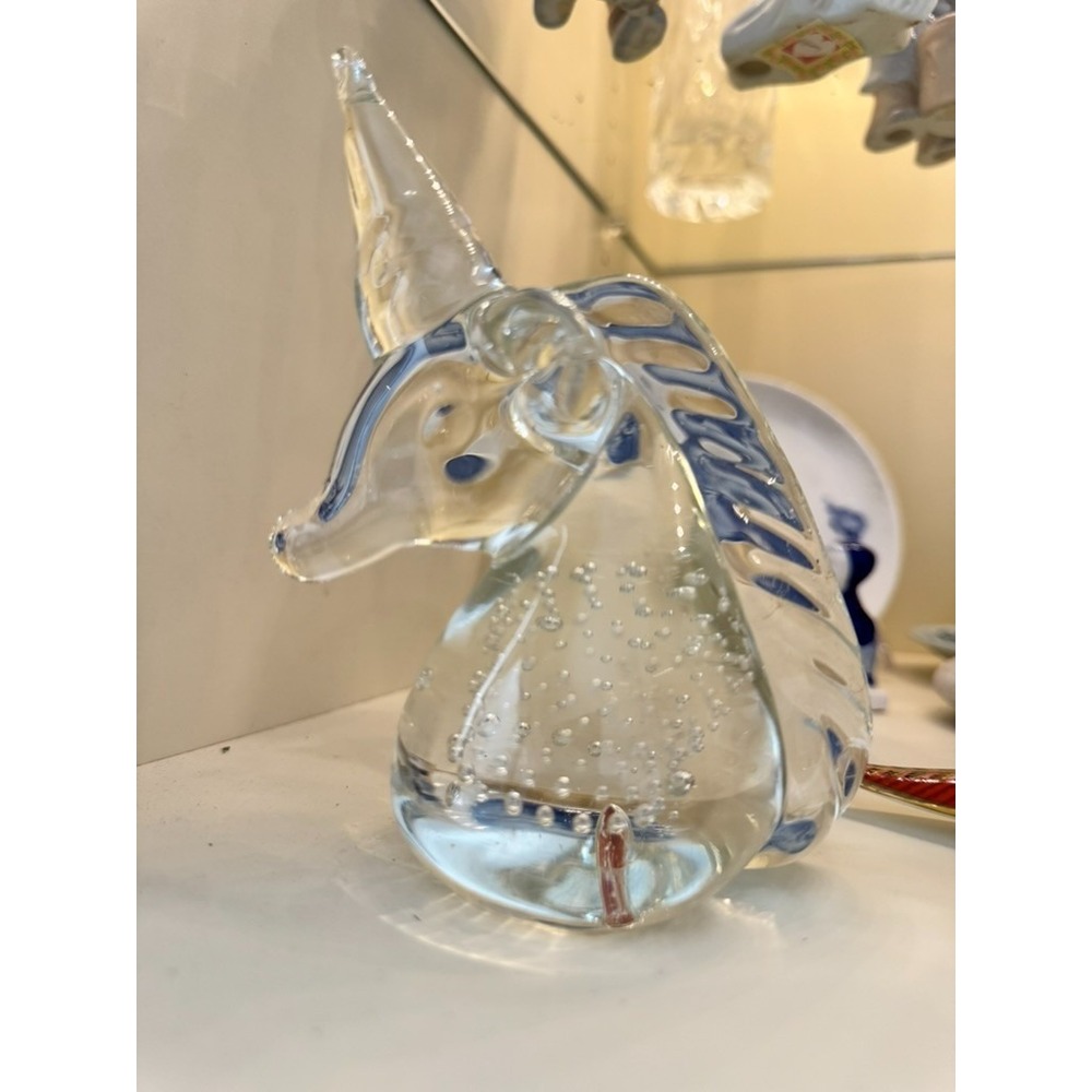 Clear Art Glass Unicorn Head Paperweight with Controlled Air Bubbles Table Decor